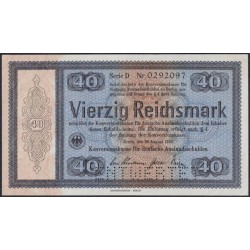 Германия 40 рейхсмарок 1933, Для внешнего долга Германии, РЕДКИЙ НОМИНАЛ, c перфорацией, Серия D № 0292097 (GERMANY 40 Reichsmark  Konversionskasse für Deutsche Auslandsschulden  28.08.1933  Printer Reichsdruckerei, Berlin) P 202: UNC--
