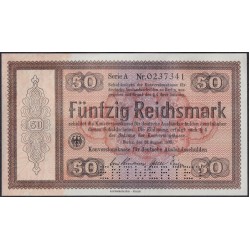 Германия 50 рейхсмарок 1933 год, Для внешнего долга Германии литера A № 0237341 с перфорацией (GERMANY 50 Reichsmark  Konversionskasse für Deutsche Auslandsschulden  28.08.1933  Printeк Reichsdruckerei, Berlin) P 203: UNC