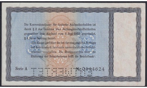 Германия 40 рейхсмарок 1933, Для внешнего долга Германии, Оверпринт 1934 г, Серия А №0444624(GERMANY 40 Reichsmark  Konversionskasse für Deutsche Auslandsschulden  28.08.1933, Overprint 1934,  Printer Reichsdruckerei, Berlin) P 210: aUNC