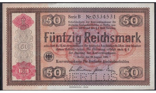 Германия 50 рейхсмарок 1934 год, Для внешнего долга Германии литера B № 0334531c перфорация (GERMANY 50 Reichsmark  Konversionskasse für Deutsche Auslandsschulden  28.08.1933 - overprint 1934  Printeк Reichsdruckerei, Berlin) P 211: UNC--