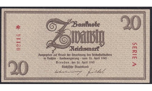 Германия 20 Рейхсмарок 1945 год, A 02114, последние государственные деньги Третьего Рейха, редкость (Germany 20 reichsmark 1945 year, RAR)  Ro 184: UNC-