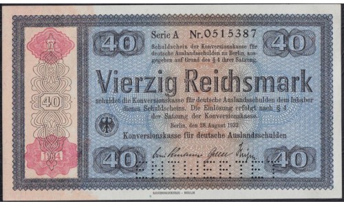 Германия 40 рейхсмарок 1933 год, Для внешнего долга Германии, Оверпринт 1934 года. РЕДКИЙ НОМИНАЛ, A0515387(GERMANY 40 Reichsmark  Konversionskasse für Deutsche Auslandsschulden  28.08.1933, Overprint 1934,  Printer Reichsdruckerei, Berlin) P 210: UNC-