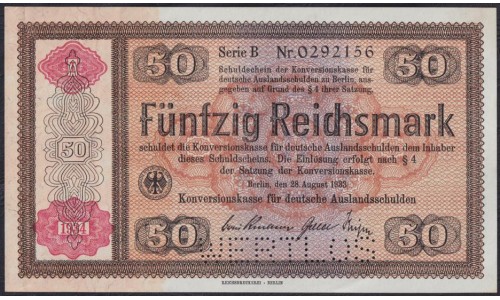Германия 50 рейхсмарок 1934 год, Для внешнего долга Германии литера B c перфорациtq (GERMANY 50 Reichsmark  Konversionskasse für Deutsche Auslandsschulden  28.08.1933 - overprint 1934  Printeк Reichsdruckerei, Berlin) P 211: UNC