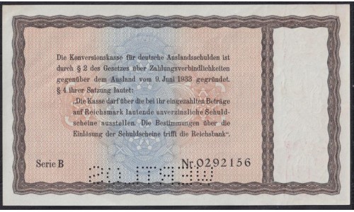 Германия 50 рейхсмарок 1934 год, Для внешнего долга Германии литера B c перфорациtq (GERMANY 50 Reichsmark  Konversionskasse für Deutsche Auslandsschulden  28.08.1933 - overprint 1934  Printeк Reichsdruckerei, Berlin) P 211: UNC