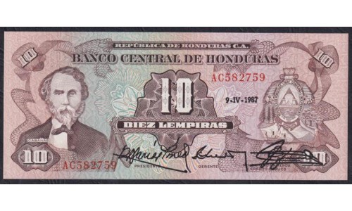 Гондурас 10 лемпир 1987 (HONDURAS 10 Lempiras 1987) P 64b : UNC
