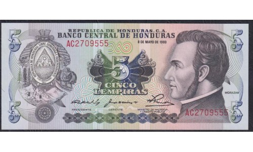Гондурас 5 лемпир 1980 серия AC (HONDURAS 5 Lempiras 1980 prefix AC) P 63а : UNC