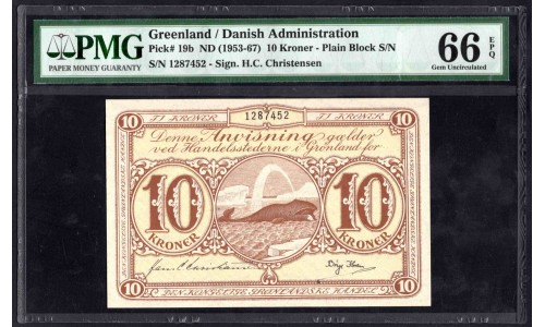 Гренландия 10 крон (1953-1967) (GREENLAND 10 Kroner (1953-1967)) P 19b : UNC PMG 66 EPQ