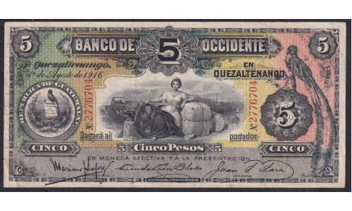 Гватемала 5 песо 1916 года (GUATEMALA 5 pesoы 1916) PS 176b : VF/XF