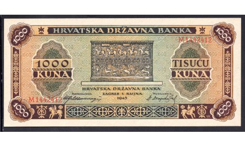 Хорватия 1000 куна 1943 (CROATIA 1000 kuna 1943) P 12a : UNC