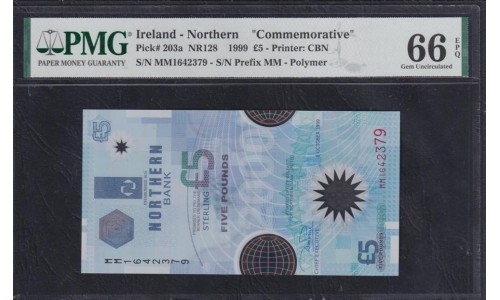 Северная Ирландия 5 фунтов 1999 года, MM 1642379 (Northen Ireland 5 Pounds 1999, mm 1642379) P 203a : PMG 66 Gem Uncirculated EPQ