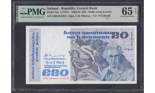 Ирландия 20 фунтов  07/01/80 года (IRELAND 100 Pounds 1987-89) P 73a: UNC PMG 65 EPQ