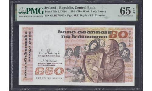 Ирландия 50 фунтов  05/11/91 года (IRELAND 100 Pounds 1987-89) P 74b: UNC PMG 65 EPQ