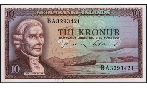 Исландия 10 крон 1961 (ICELAND 10 Krónur 1961) P 42(2) : UNC