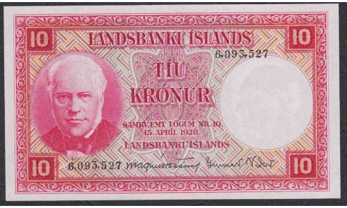 Исландия 10 крон 1928 года (ICELAND 10 Krónur 1928) P33a:  UNC