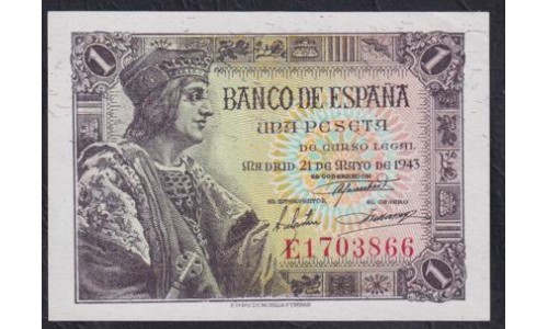 Испания 1 песета 1943 (SPAIN 1 pesetas 1943) P 126: UNC