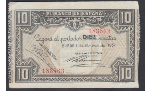 Испания 10 песет 1937, Гражданская Война, Банк Бильбао (Spain-CIVIL WAR, Bank Bilbao 10 pesetas 1937) PS 562f: XF/aUNC