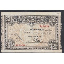 Испания 25 песет 1937, Гражданская Война, Банк Бильбао (Spain-CIVIL WAR, Bank Bilbao 25 pesetas 1937) PS 563b: XF/aUNC