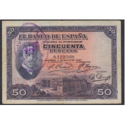 Испания 50 песет 1927 года, Со штампом Республиканских Властей (SPAIN 50 Pesetas 1927 Handstamp "República Española") P 80: VG/VF