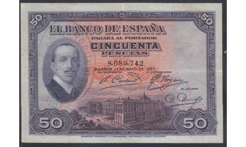 Испания 50 песет 1927 года, Со штампом Республиканских Властей (SPAIN 50 Pesetas 1927 Handstamp "República Española") P 80: XF