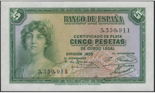 Испания 5 песет 1935 (SPAIN 5 Pesetas 1935) P 85а(1) : UNC