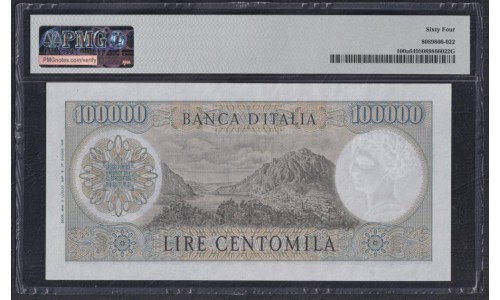 Италия 100000 лир 03.07.1967 (ITALY 100000 Lire 03.07.1967) P 100a: PMG 64 UNC 