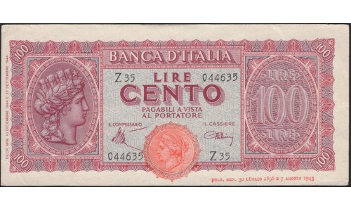 Италия 100 лир 1944 (ITALY 100 Lire 1944) P 75a : aUNC