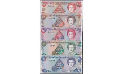 Каймановы Острова комплект 1, 5, 10, 25 и 100 долларов, 1996 г. Все номера заканчиваются на 100!!! (CAYMAN ISLANDS 1, 5, 10, 25, 100 Dollars 1996) P 16a-20: UNC