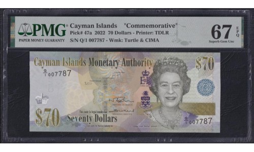 Каймановы Острова 70 долларов 2022 года, G/1 007787 ЮБИЛЕЙНЫЕ (CAYMAN ISLANDS 70 Dollarы 2022) P 47a: PMG 67 Superb Gem UNC