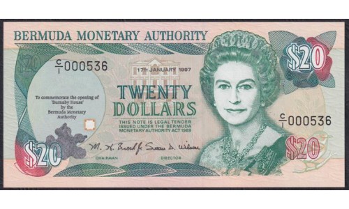 Бермудские Острова 20 долларов 1997 года, РЕДКОСТЬ (BERMUDA 20 Dollars 1997, RARE) P 47: UNC 