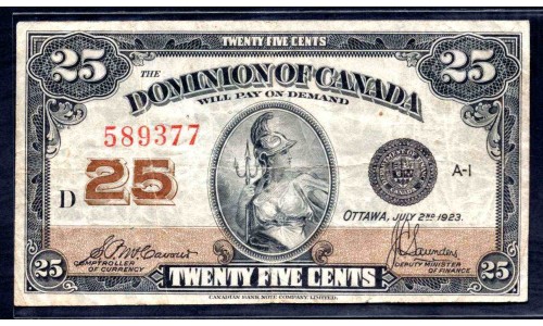Канада 25 центов 1923 г. (CANADA  25 cents 1923 g.) P11b: VF+