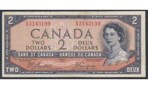 Канада 2 доллара 1954 года, Причёска "Лицо Дьявола", Редкие (CANADA 2 dollars 1954, Devil face, Printer BABNC) P 67b: XF