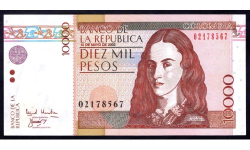 Колумбия 10000 песо 2002 г. (COLOMBIA  10000 pesos 2002) P 453с: UNC