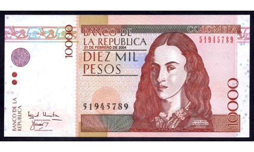 Колумбия 10000 песо 2004 г. (COLOMBIA  10000 pesos 2004) P 453g: UNC