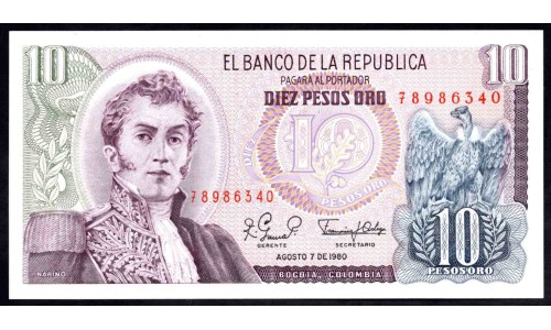Колумбия 10 песо 1980 г. (COLOMBIA  10 pesos oro 1980) P 407h: UNC