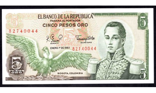 Колумбия 5 песо 1980 г. (COLOMBIA  5 pesos oro 1980) P 406f: UNC