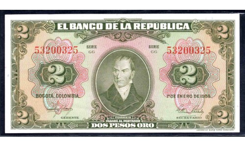 Колумбия 2 песо 1955 г. (COLOMBIA 2 pesos 1955) P 390d: UNC