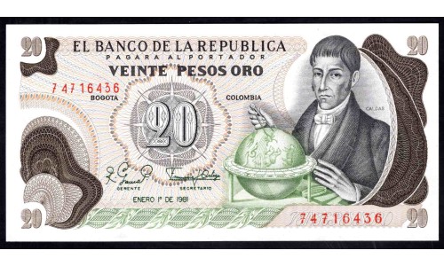 Колумбия 20 песо 1981 г. (COLOMBIA  20 pesos oro 1981) P 409d: UNC
