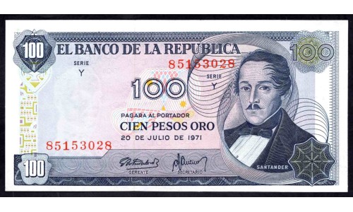 Колумбия 100 песо 1971 г. (COLOMBIA  100 pesos oro 1971) P 410c: UNC