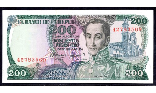 Колумбия 200 песо 1974 года, пореже (COLOMBIA  200 pesos oro 1974) P 417а: UNC