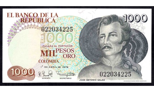 Колумбия 1000 песо 1979 г. (COLOMBIA  1000 pesos oro 1979) P 421а: UNC