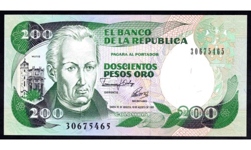 Колумбия 200 песо 10.08.1992 г. (COLOMBIA  200 pesos oro 10.08.1992) P 429А: UNC