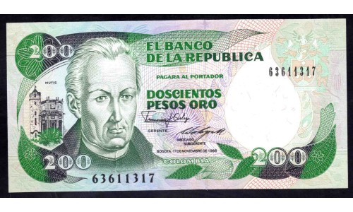 Колумбия 200 песо 1988 г. (COLOMBIA  200 pesos oro 1988) P 429d: UNC