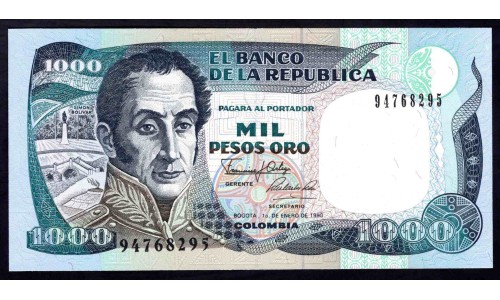 Колумбия 1000 песо 1990 г. (COLOMBIA  1000 pesos oro 1990) P 432: UNC