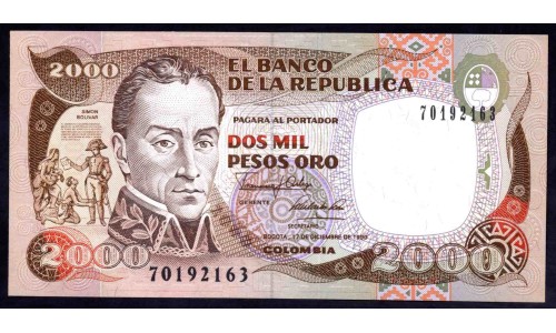 Колумбия 2000 песо 17.12.1990 г. (COLOMBIA  2000 pesos oro 17.12.1990) P 433с: UNC