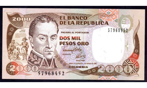 Колумбия 2000 песо 02.03.1992 г. (COLOMBIA  2000 pesos oro 02.03.1992) P 433А: UNC