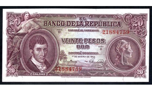 Колумбия 20 песо 1953 г. (COLOMBIA  20 peso oro 1953) P 401а: UNC