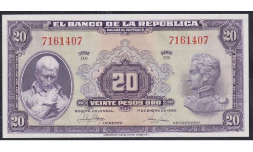 Колумбия 20 песо 1950 г. (COLOMBIA 20 pesos 1950) P 392d: UNC