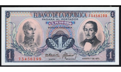 Колумбия 1 песо 1971 г. (COLOMBIA  1 pesos oro 1971) P 404е: UNC