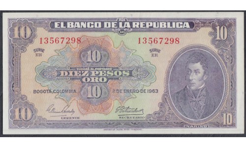 Колумбия 10 песо 1963 г. (COLOMBIA  10 pesos 1963) P 389f: UNC