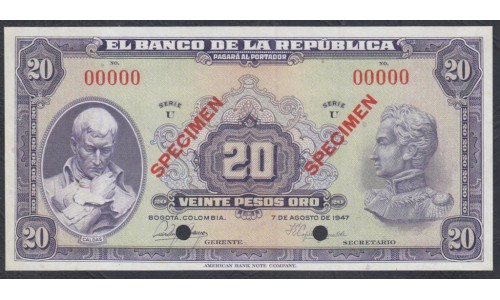 Колумбия 20 песо 1947 года, ОБРАЗЕЦ, РАРИТЕТ (COLOMBIA 20 pesos 1947, SPECIMEN) P 392cS: UNC